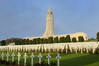 France, Meuse, Douaumont, battle of Verdun, ossuary of Douaumont, soldiers graves aligned in front of the national necropolis