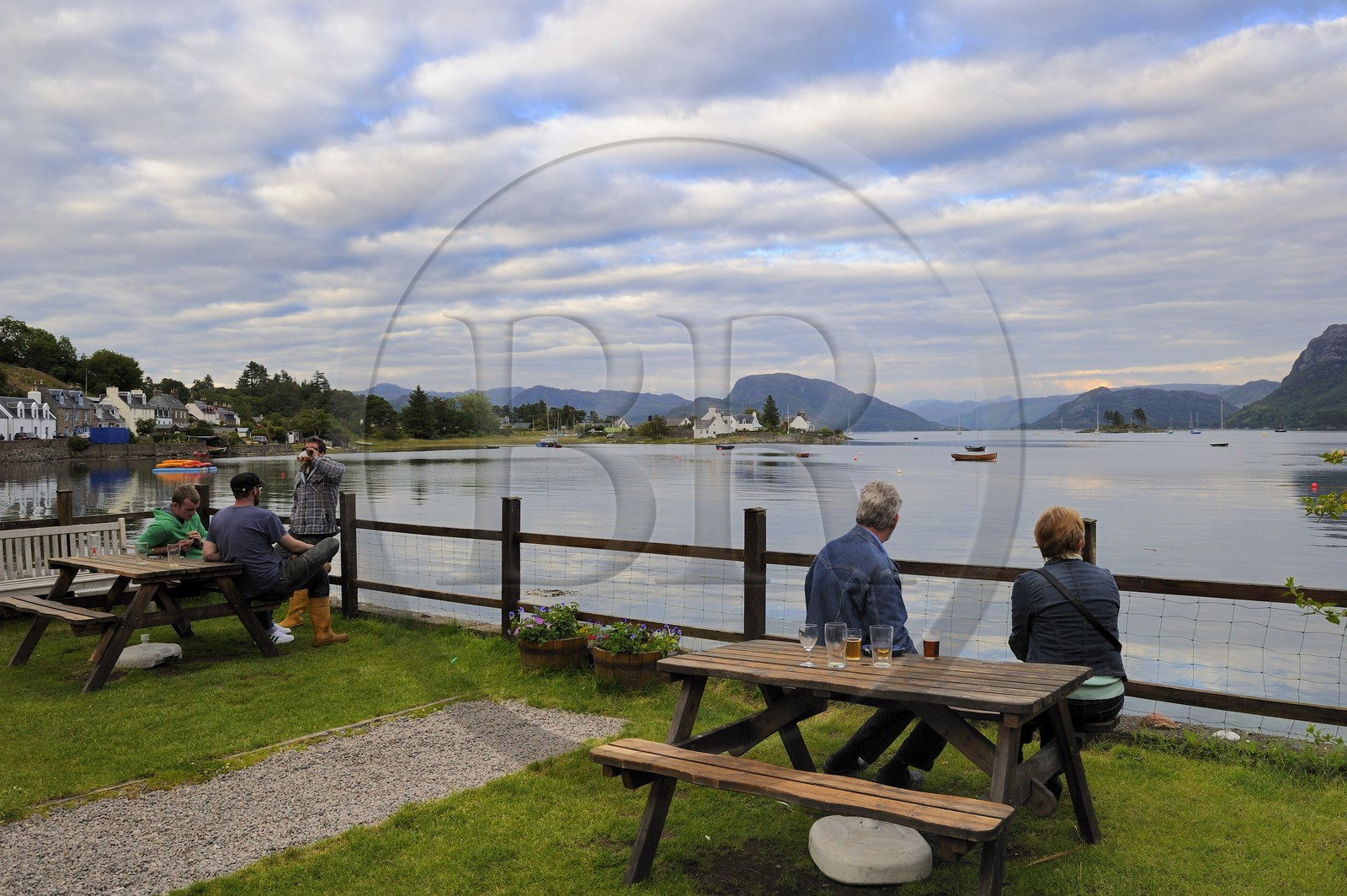 United Kingdom, Scotland, Highland, Plockton, Loch Carron view from the terrace of a pub