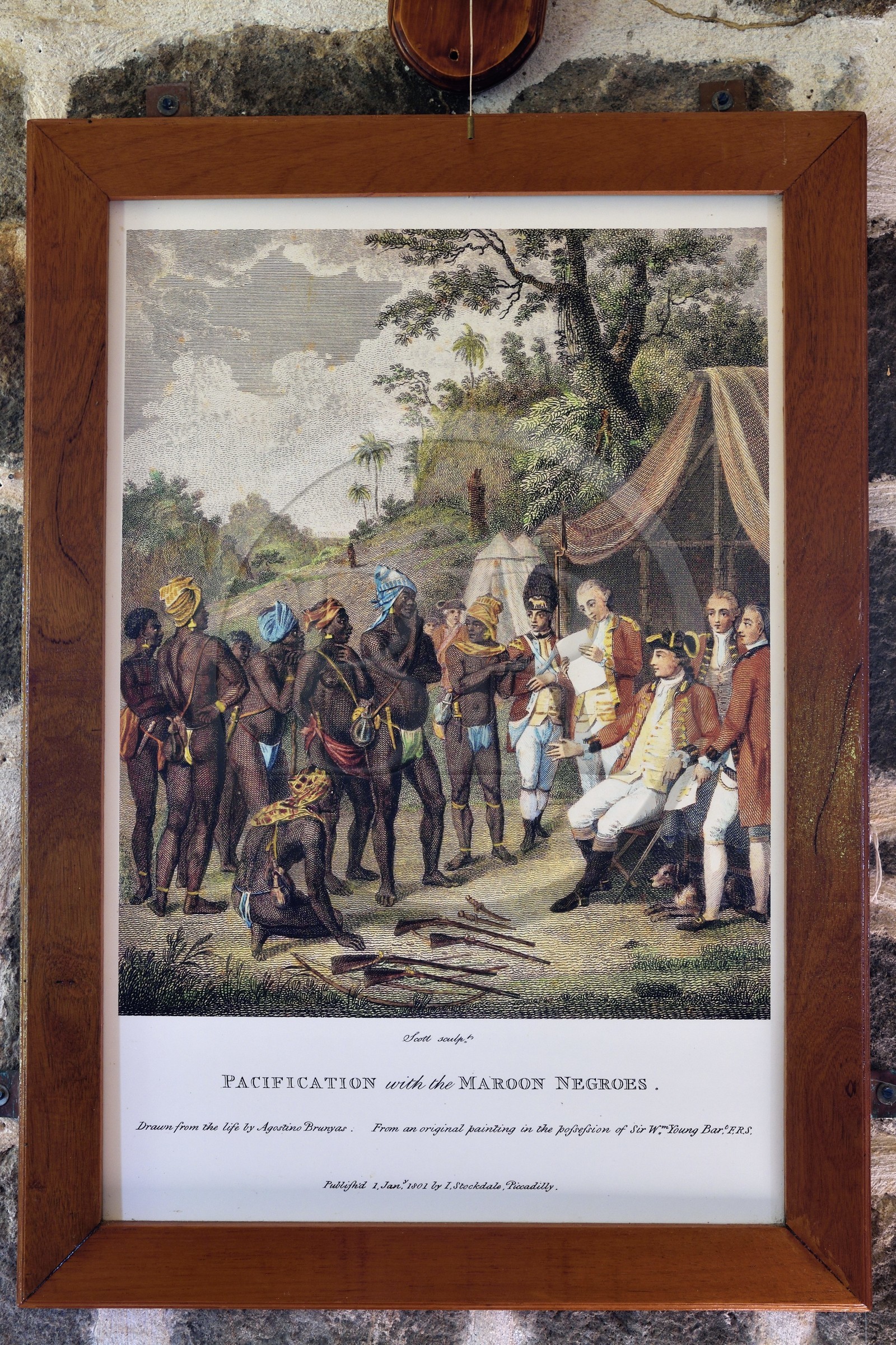 Caribbean, Dominica Island, Portsmouth, Cabrits National Park, Fort Shirley, 18th century British fort, reproduction of engraving from 1800 representing the colonial and slave period pacification with the maroon negroes