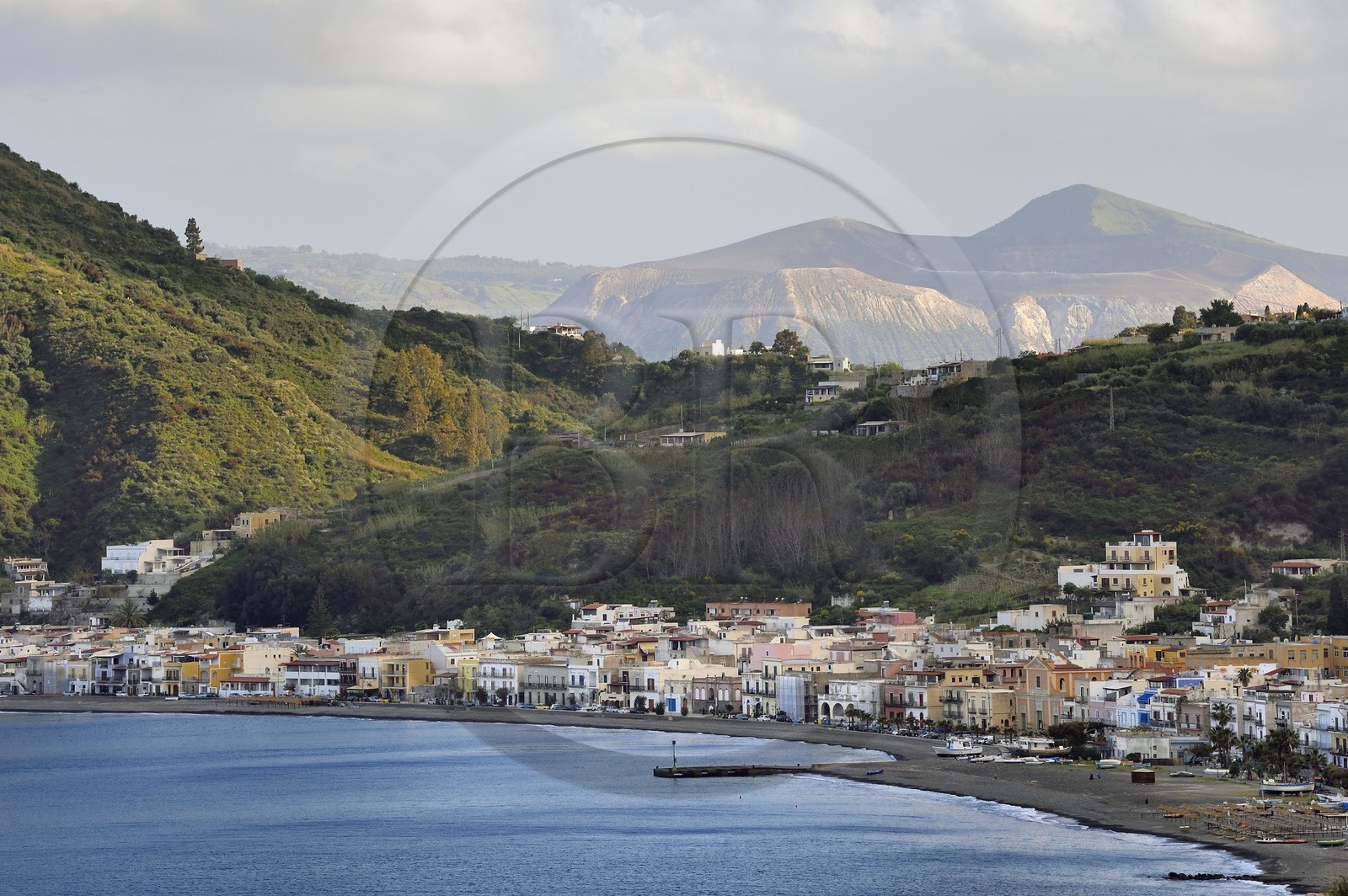 Italy, Sicily, Aeolian Islands, listed as World Heritage by UNESCO, Lipari Island, the town of Canneto and Vulcano Island volcano in the background