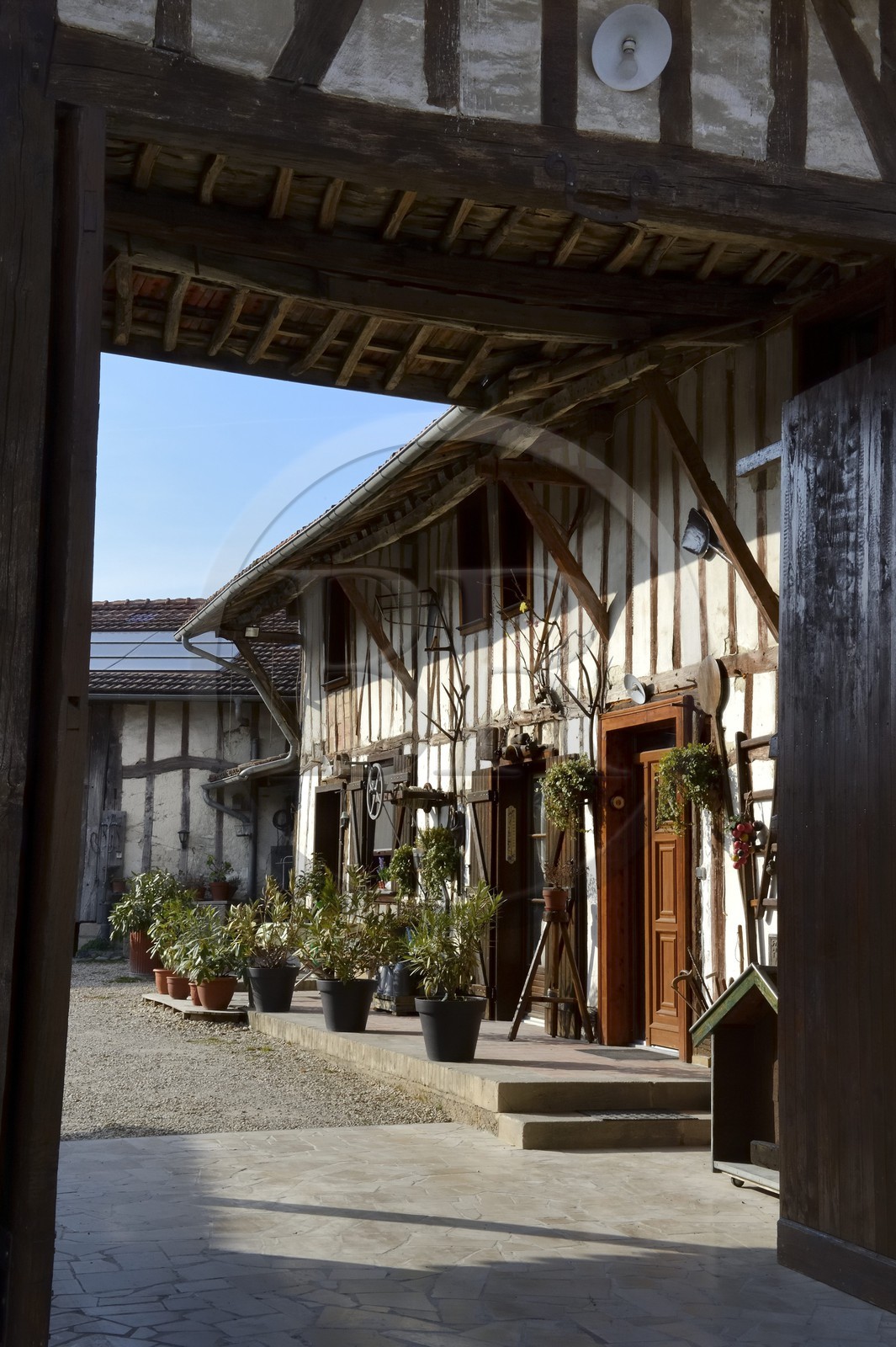 France, Marne, village of Saint-Amand-sur-Fion, interior courtyard of a half timbered farm in rue du Pont de l'Eglise