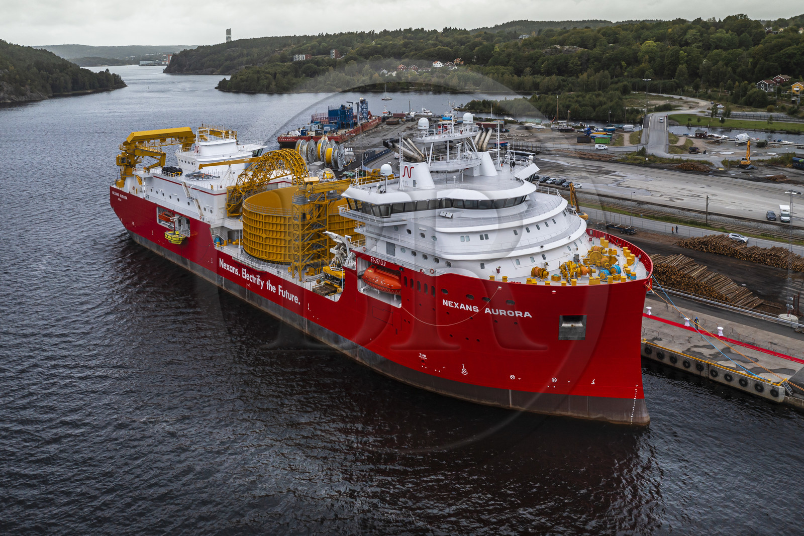 Norway, Ostfold County, Halden, Nexans Aurora cable-laying vessel, vessel for laying electric cables, connecting and repairing these cables (aerial view)
