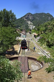 France, Alpes de Haute Provence, Annot, Train des Pignes historic train, locomotive turning maneuver on the swing bridge