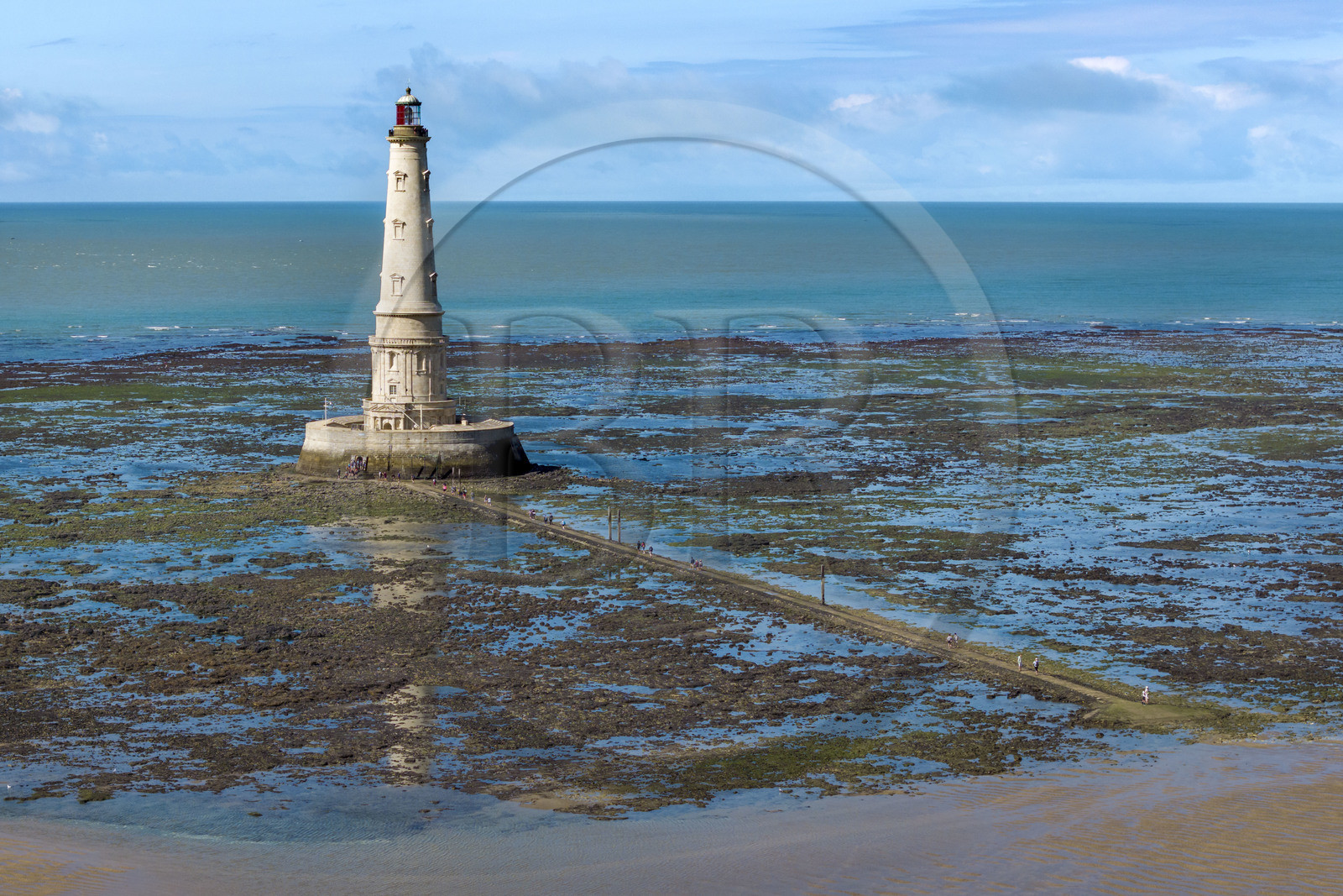 France, Gironde, Verdon sur Mer, rocky plateau of Cordouan at low tide, lighthouse of Cordouan, listed as World Heritage by UNESCO (aerial view)