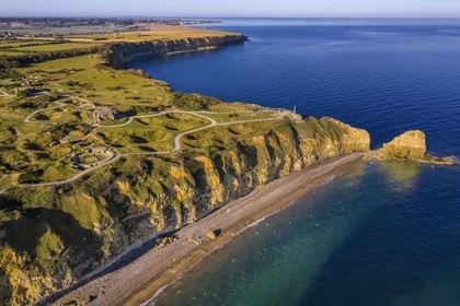France, Calvados, Cricqueville en Bessin, Pointe du Hoc, ruins of German fortifications and bomb holes made by the Normandy landings of June 6 1944 during the Second World War (aerial view)