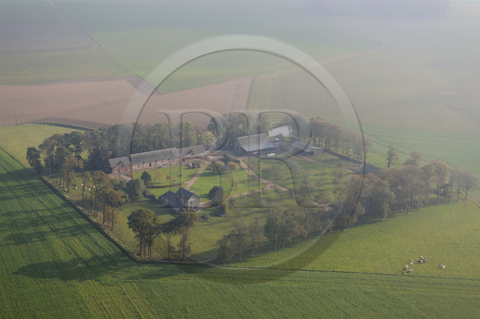 France, Seine-Maritime, Bretteville-du-Grand-Caux, Clos masure, a typical farm of Normandy, called La Vitrine du Lin (aerial view)