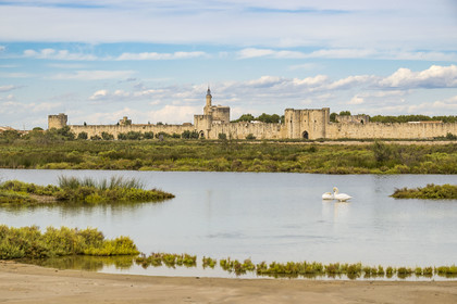 France, Gard, Aigues Mortes, the medieval town surrounded by its ramparts on the edge of the salt marshes (Salins du Midi)