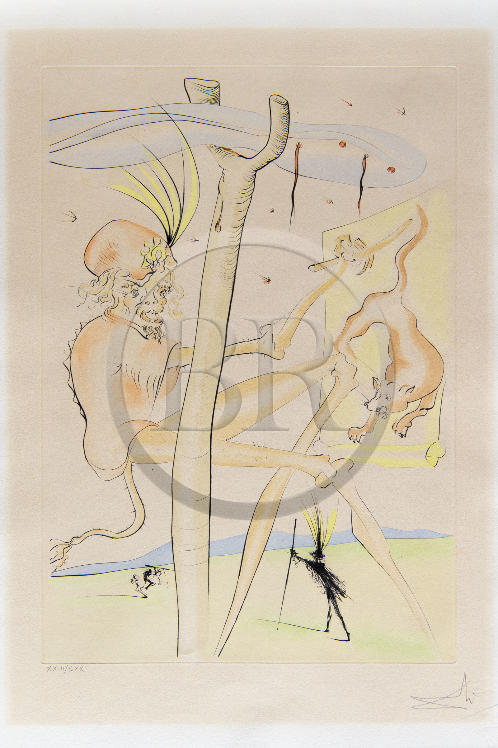 France, Aisne (02), Château-Thierry, Musée Jean de La Fontaine - Ville de Chateau-Thierry, illustrations des Fables de La Fontaine, Le Singe et le Léopard fable III du livre IX, estampes de Salvador Dali, 1976, pointe sèche sur papier vélin, rehauts de couleurs au pochoir