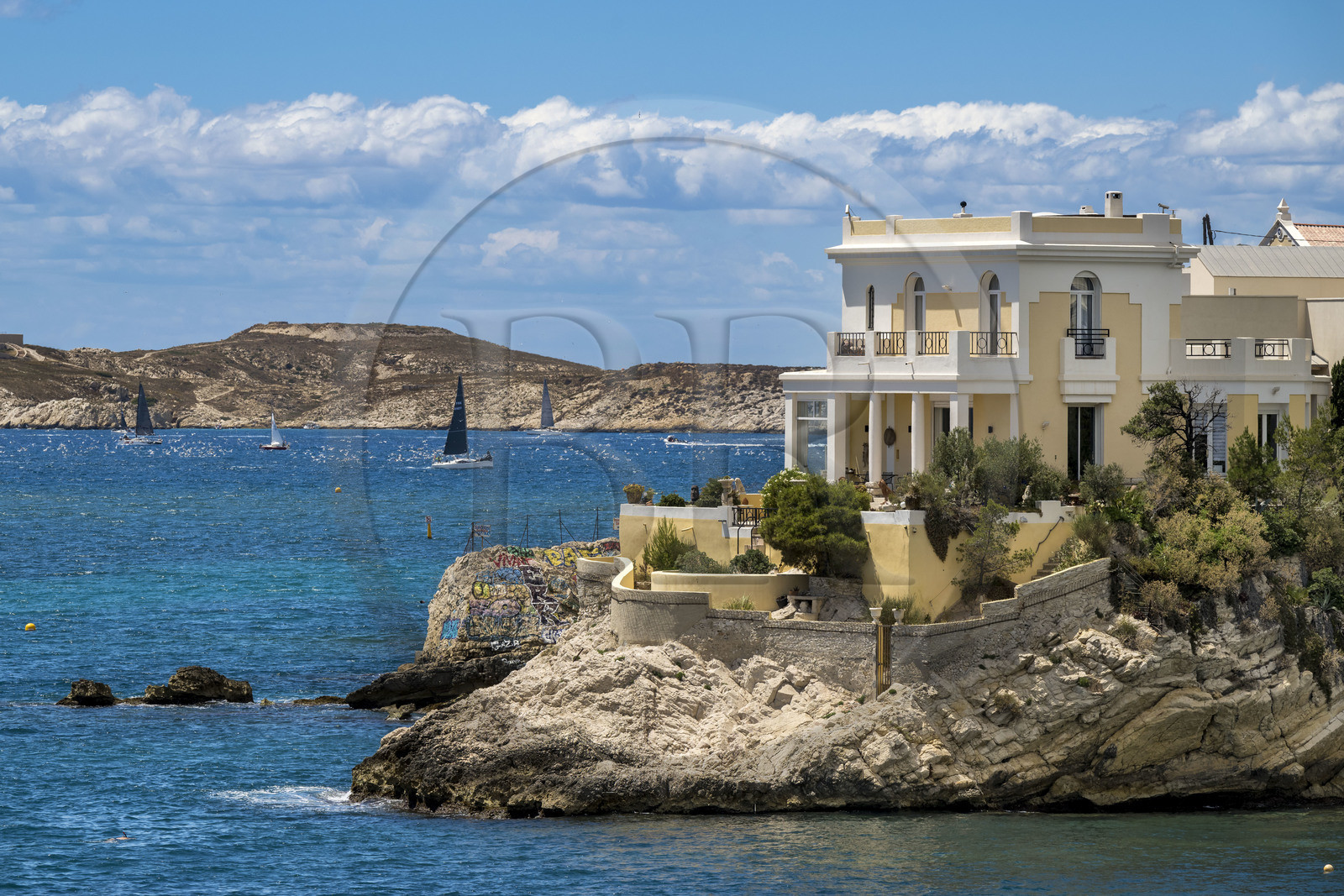 France, Bouches du Rhone, Marseille, Endoume district, Malmousque, Anse de Maldorme overlooked by the Villa Petite Ourse, the Frioul Islands Archipelago in the background