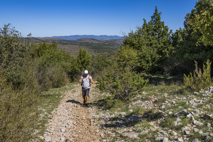 France, Hérault (34), les Causses et les Cévennes, paysage culturel de l'agro-pastoralisme méditerranéen inscrit au Patrimoine Mondial de l'UNESCO, Saint-Privat, randonneur sur le sentier montant au Mont Saint Baudille et en direction de Saint-Guilhem-le-Désert