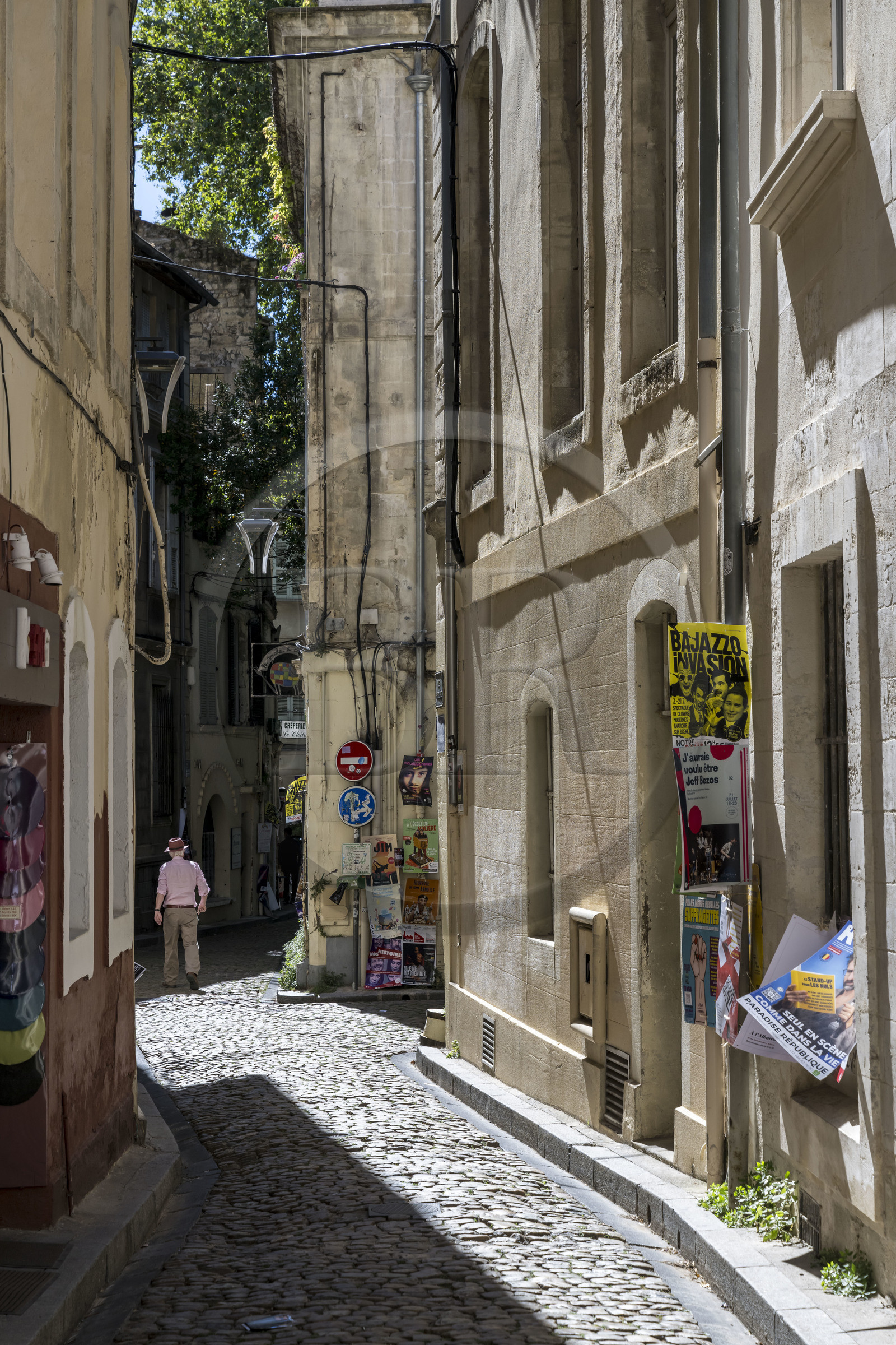 France, Vaucluse (84), Avignon, la rue de la Peyrolerie dans la vieille ville avec les affiches annonçant les spectacles du festival