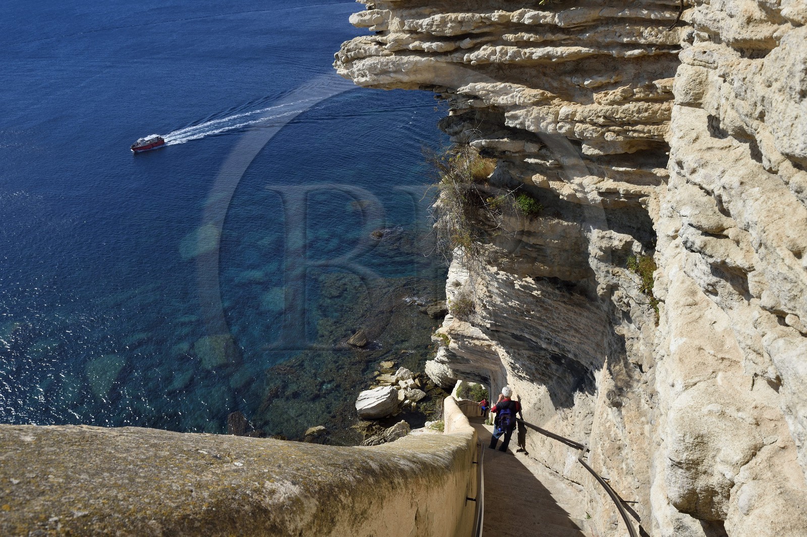 France, Corse-du-Sud (2A), Bonifacio, l'escalier du Roi-d'Aragon sculpté dans les falaises calcaires