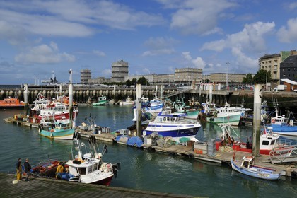 France, Seine Maritime, Le Havre, Downtown rebuilt by Auguste Perret listed as World Heritage by UNESCO, the fishing port and Perret buildings in the background