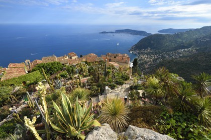 France, Alpes-Maritimes, the hilltop village of Eze and its Exotic Garden, Saint-Jean-Cap-Ferrat in the background