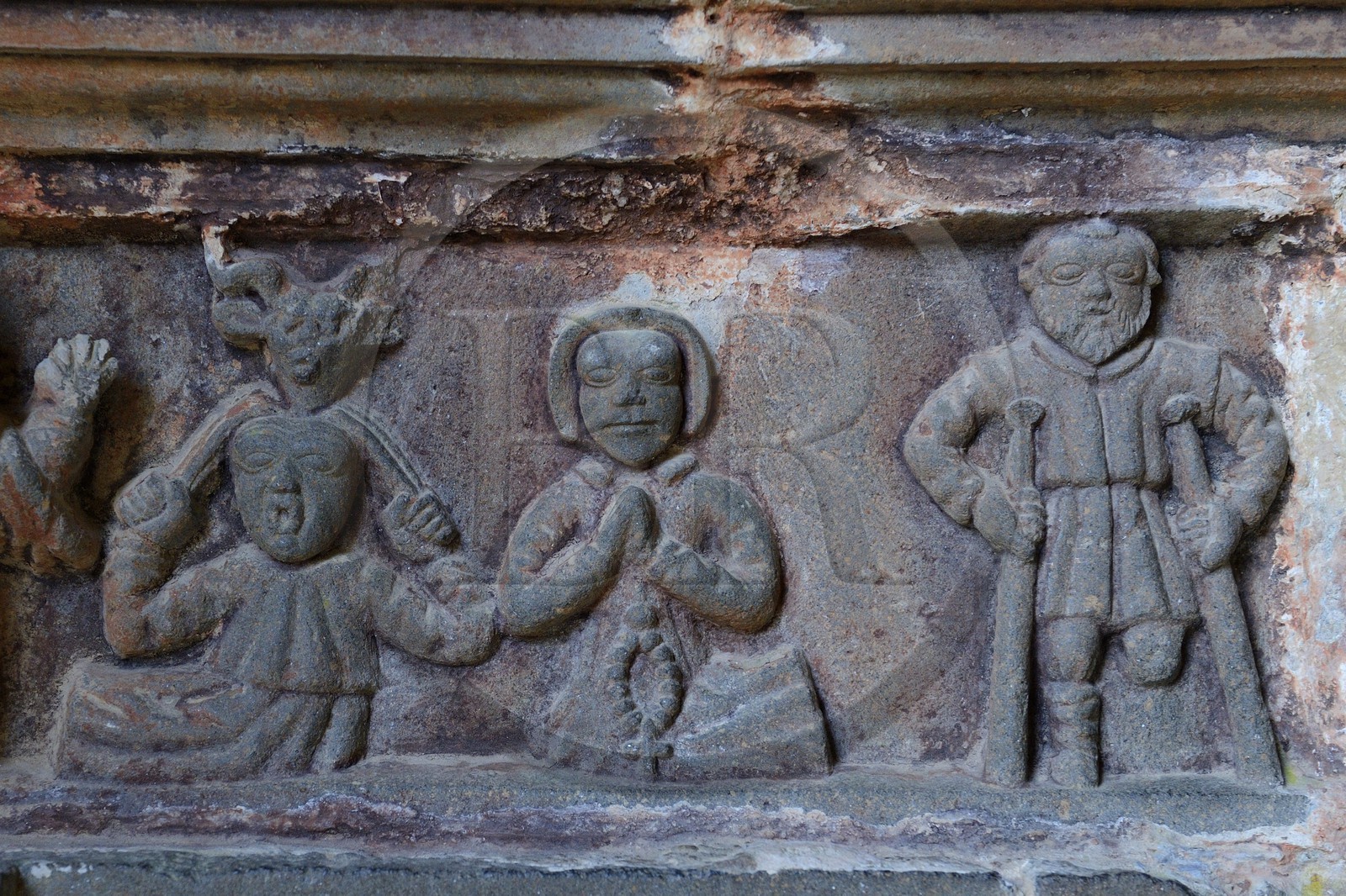 France, Finistere, Guimiliau, bas-relief or low relief under the south porch of the church in the Parish close (enclos paroissial)