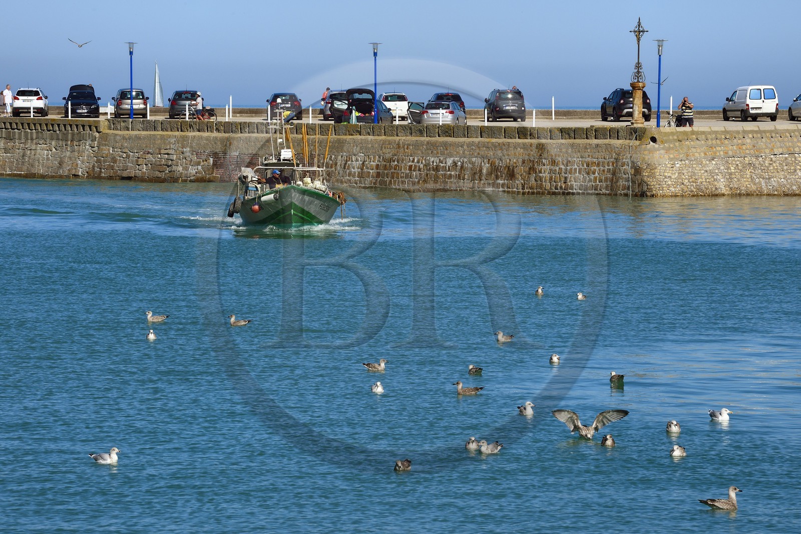 France, Seine-Maritime (76), Côte d'Albatre, Pays de Caux, Saint-Valery-en-Caux, bateau de pêche entrant dans le port
