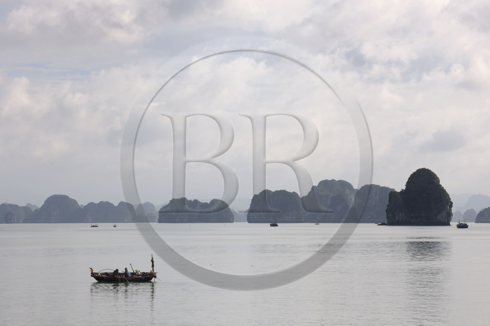 Vietnam, province de Quang Ninh, la Baie d'Halong classée Patrimoine Mondial de l'UNESCO, bateau de pêche entre les iles karstiques
