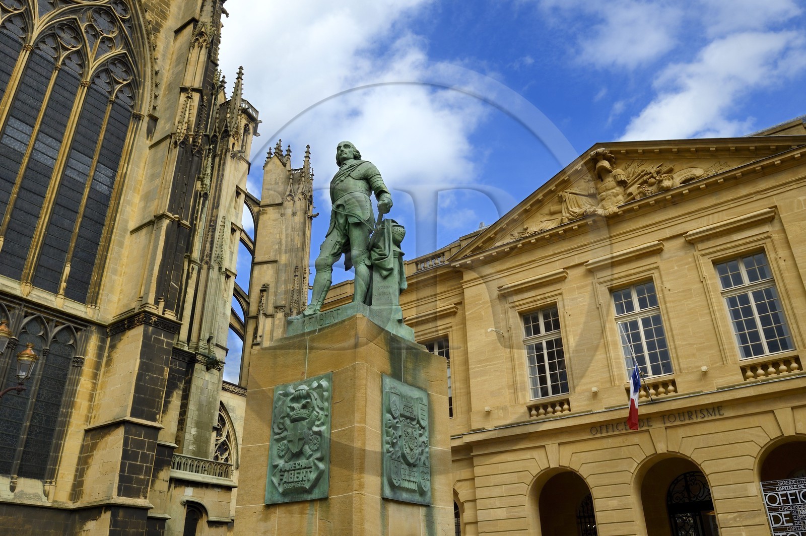 France, Moselle, Metz, the place d'Armes, statue of Marshal Fabert, Saint Etienne cathedral left and the tourist office which is a former guardhouse in pierre de Jaumont (stone of Jaumont) right