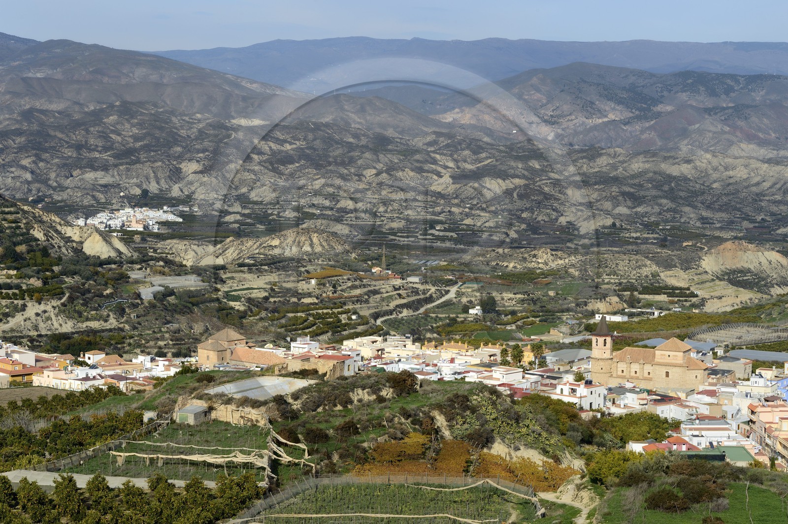 Spain, Andalusia, Almeria Province, Huécija and Bentarique in the background on the Tabernas Desert border