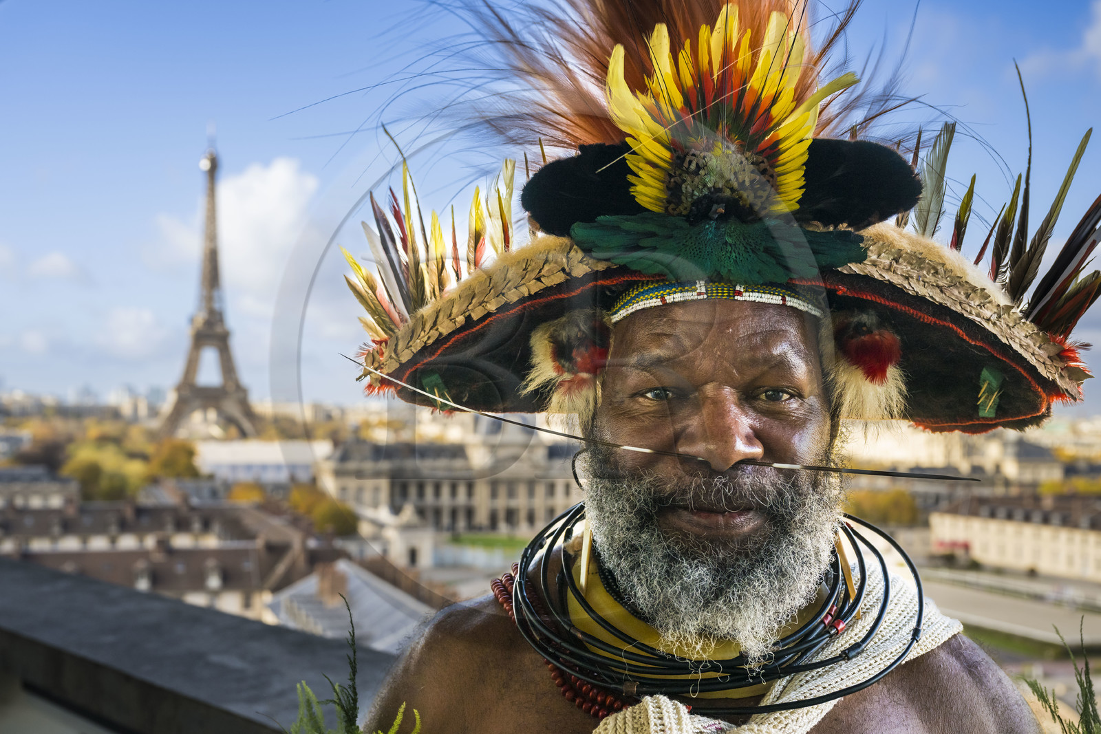 France, Paris (75), siège de l'UNESCO, le chef Papou Mundiya Kepanga et la Tour Eiffel en arrière-plan