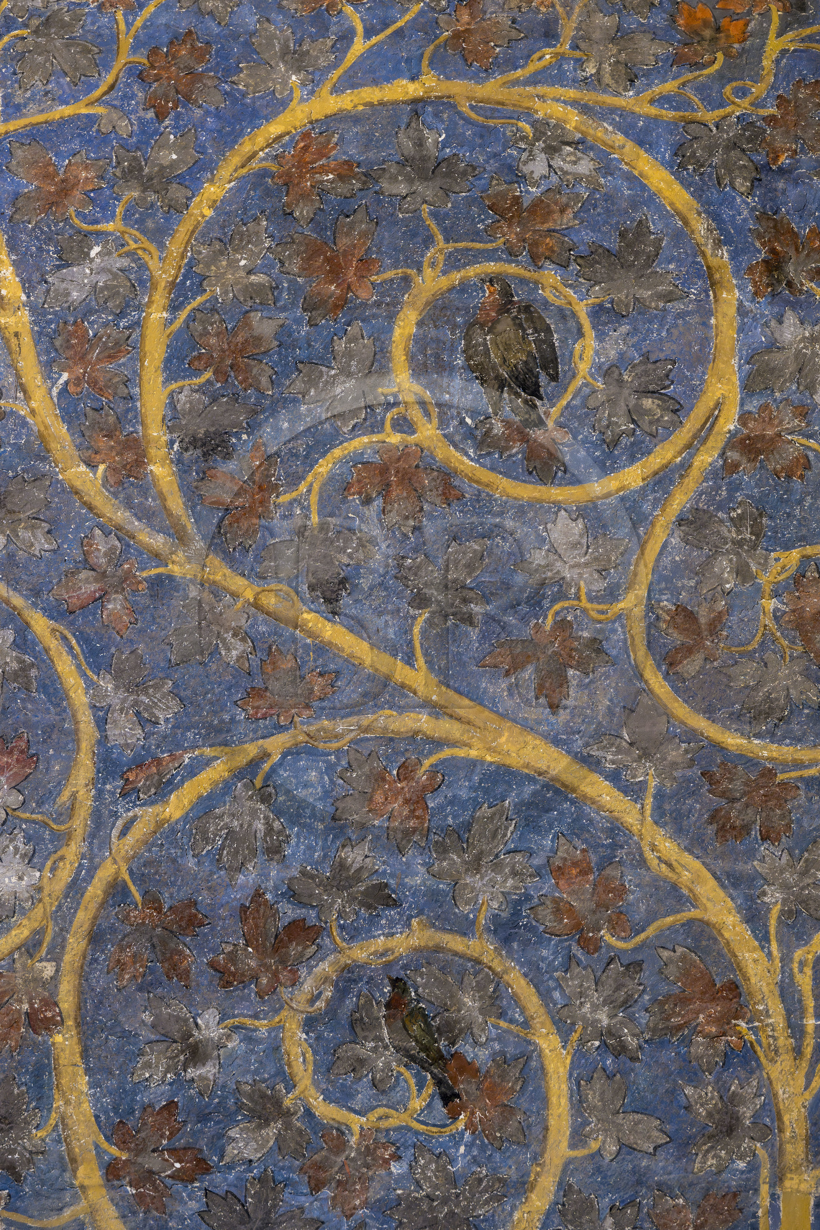 France, Vaucluse, Avignon, Palais des Papes (Palace of the Popes) listed as World heritage by UNESCO, the Tower of Angels or Pope's Tower, Pope's Room, a two-dimensional plant space made of vine and oak scrolls, dotted with birds and squirrels, adorns the walls on a sky blue background