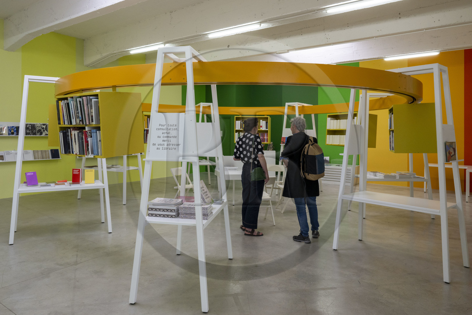 France, Cote d'Or, Dijon, the Consortium Museum, a contemporary art center opened in 2011 and designed by architects Shigeru Ban and Jean de Gastines, the Presses du Réel bookstore, shelving on modular pedestals, designed by Matali Crasset