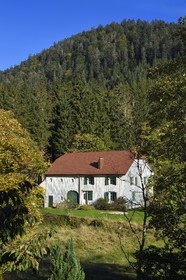 France, Vosges (88), Le Valtin, village de la haute-vallée de la Meurthe, facade de ferme recouverte de tavaillons ou ancelles de bois servant à la protection contre les intempéries