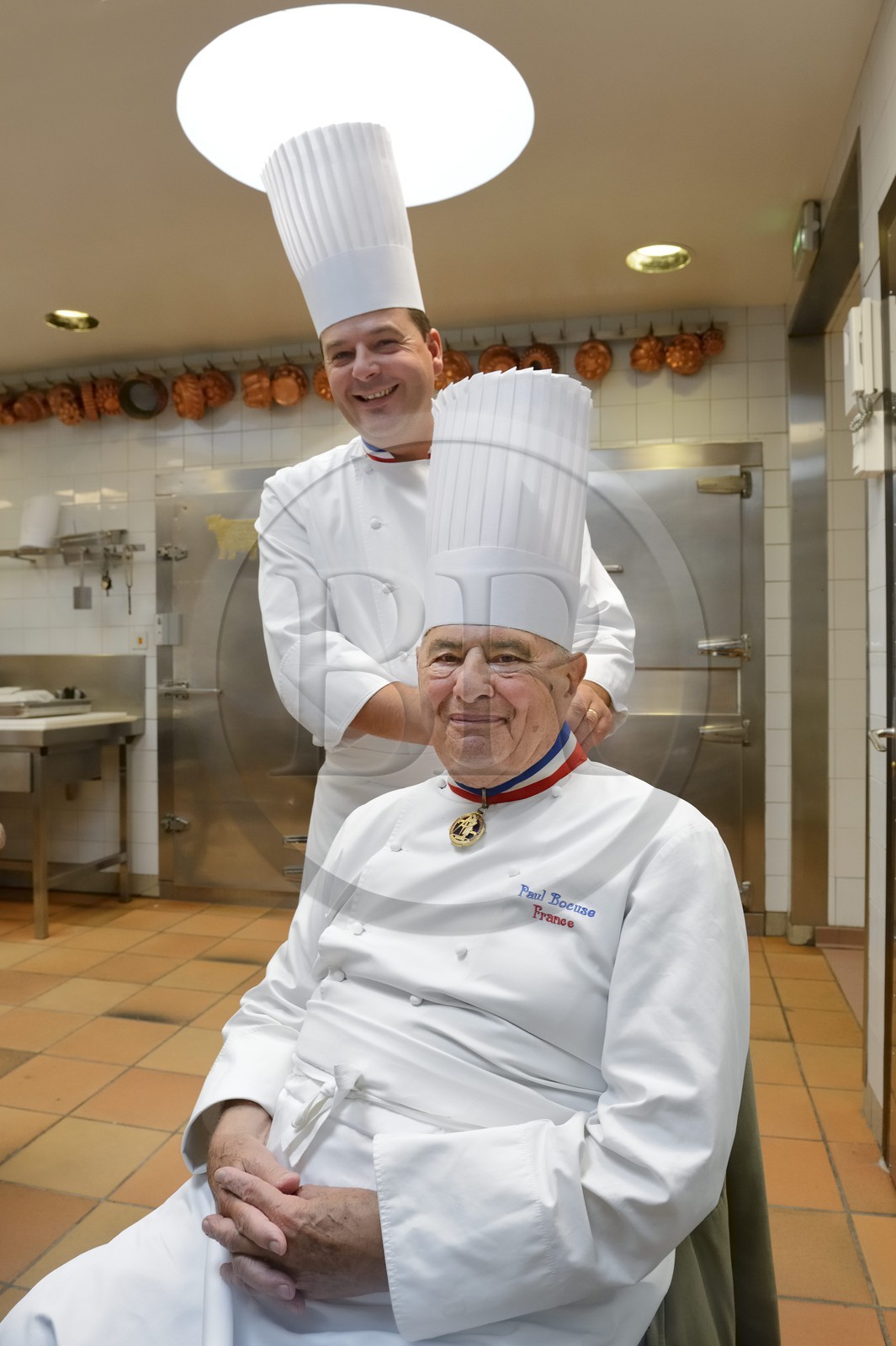 France, Rhone, Collonges au Mont d'Or, Paul Bocuse Restaurant L'Auberge du Pont de Collonges, three Michelin stars since 1965, famous French chef Paul Bocuse with the chef executif Christophe Muller