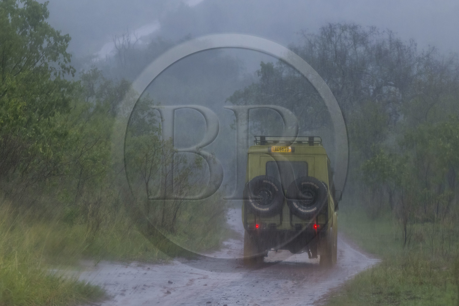 Rwanda, Parc national de l'Akagera, safari en 4x4 sur une piste sous la pluie