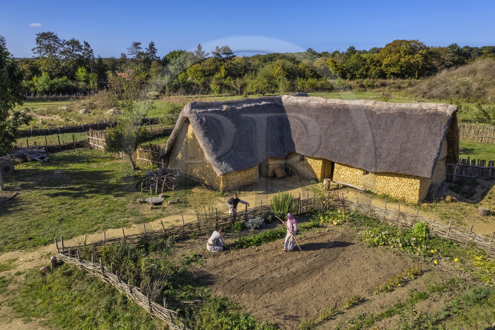France, Calvados, Herouville Saint Clair, Domaine de Beauregard, Ornavik Historical Park, reconstruction of a Carolingian village with its artisans and farmers, the big farm (aerial view)