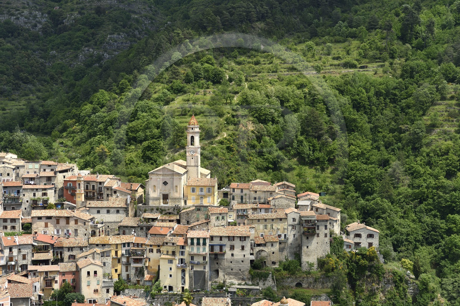 France, Alpes-Maritimes, the hilltop village of Lucéram dominated by the St Margaret Church