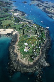 France, Manche, Iles Chausey, lighthouse and fort of Grande Pile and the Sound (aeriel view)