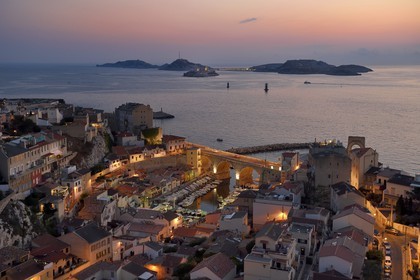 France, Bouches du Rhone, Marseille, Endoume district, Vallon des Auffes, the Frioul archipelago with the Chateau d'If (If castle) in the background