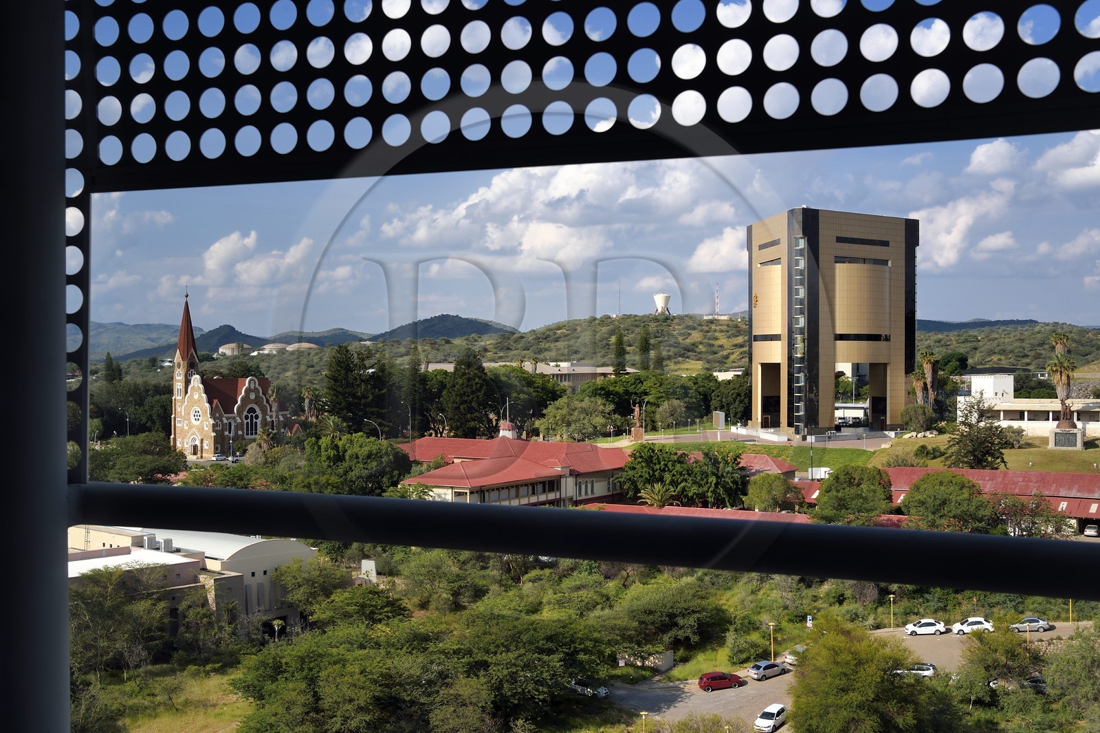 Namibia, Khomas region, Windhoek, Christ Church (or Christuskirche), Lutheran church designed by architect Gottlieb Redecker and the Independence Memorial Museum built by North Korea