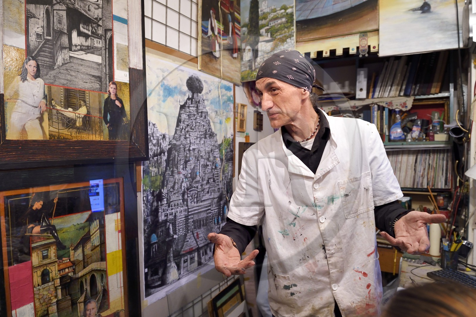 Bosnia and Herzegovina, Sarajevo, Bascarsija district in the old town, the painter Ibrahim Hrle in his workshop and store