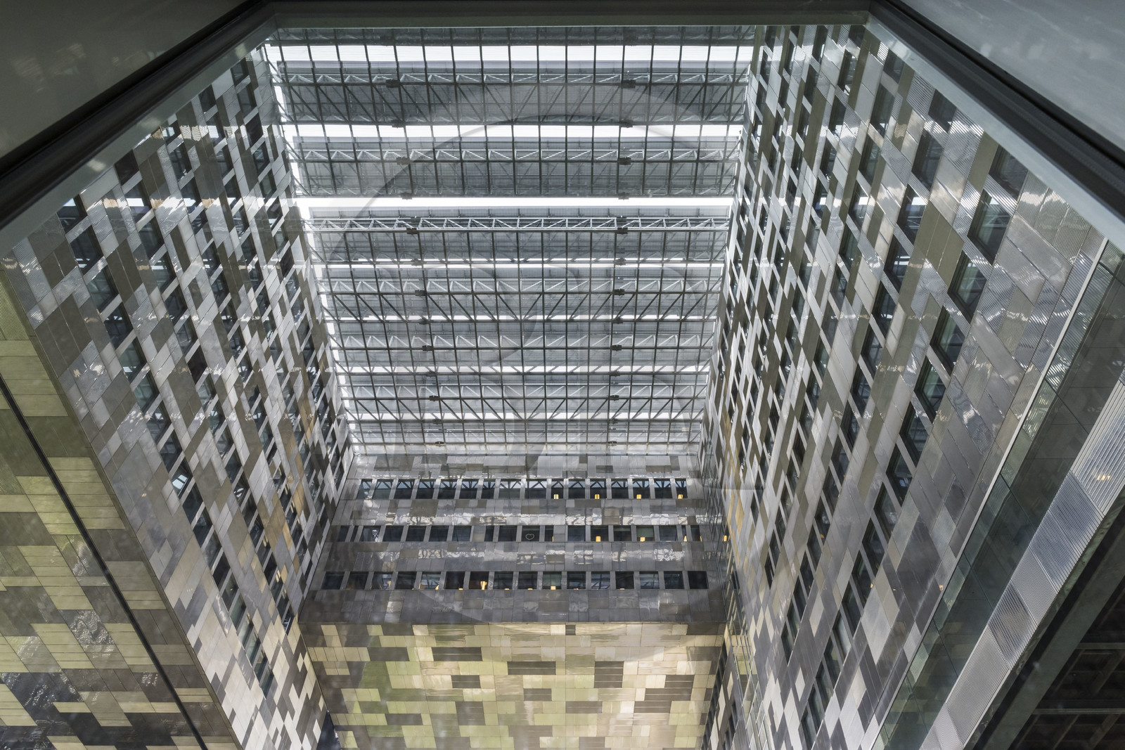 France, Herault, Montpellier, Port Marianne district, the City Hall designed by architects Jean Nouvel and François Fontes, mobile perforated awnings depending on the sunshine on the patio between water and sky