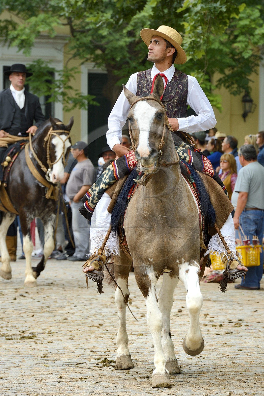 Argentina, Buenos Aires Province, San Antonio de Areco, Tradition Day festival (Dia de Tradicion), Gauchos parade on horseback in traditional dress, note the Botas Potro - boots made ​​of a single piece of leather seamlessly into the rear ends of horses
