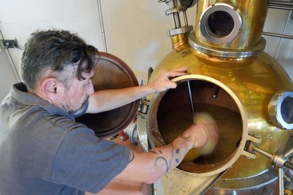 France, Reunion island (French overseas department), La Saline, La Part des Anges Distillation, filling the electric still with the fermented pineapple for the triple distillation of eau de vie (brandy)
