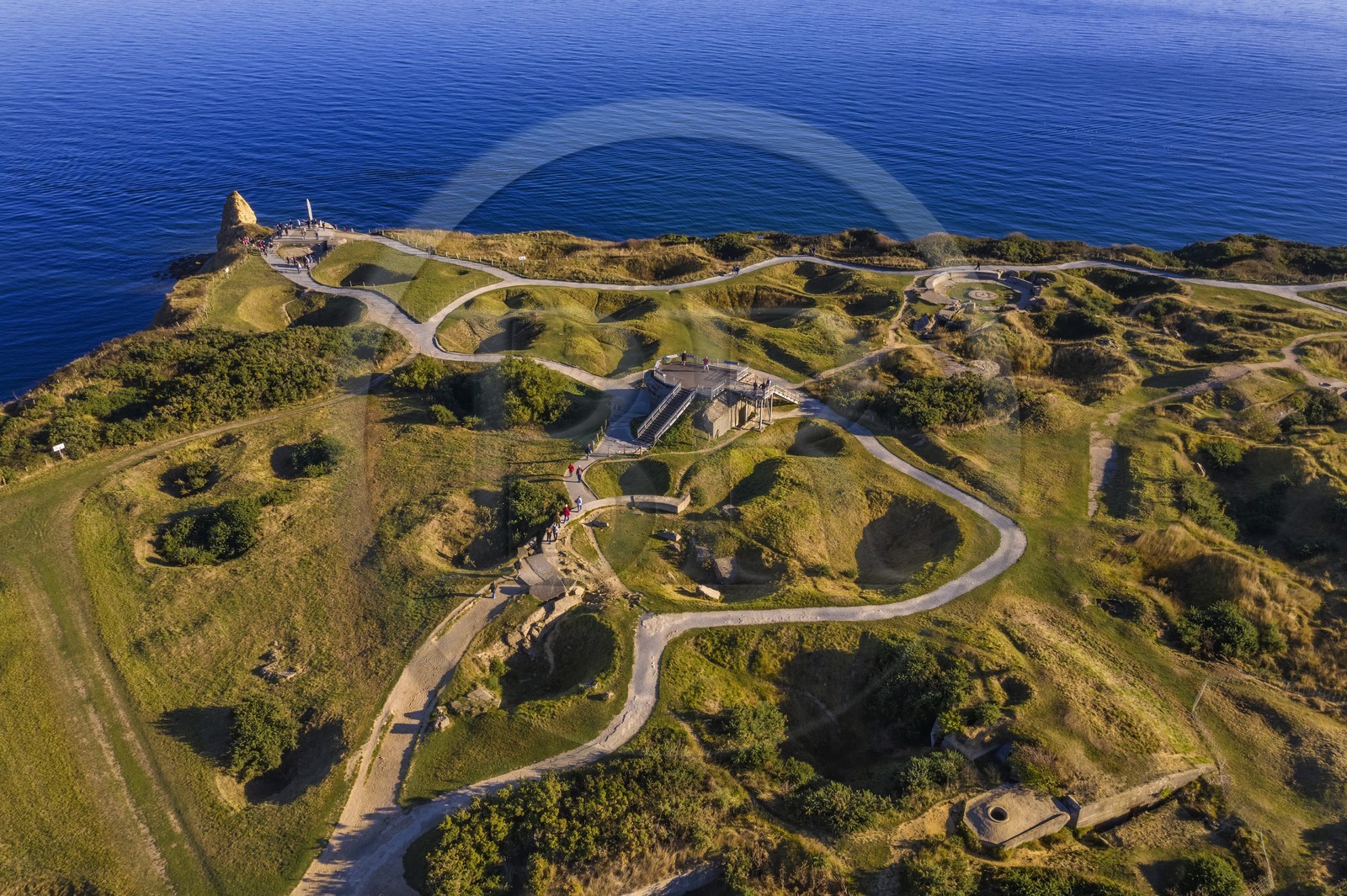 France, Calvados, Cricqueville en Bessin, Pointe du Hoc, ruins of German fortifications and bomb holes made by the Normandy landings of June 6 1944 during the Second World War (aerial view)