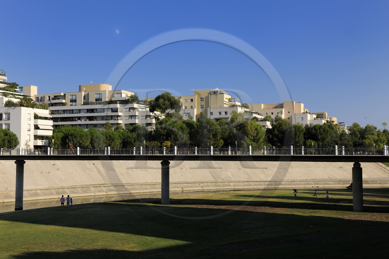 France, Herault, Montpellier, buildings along the river Lez