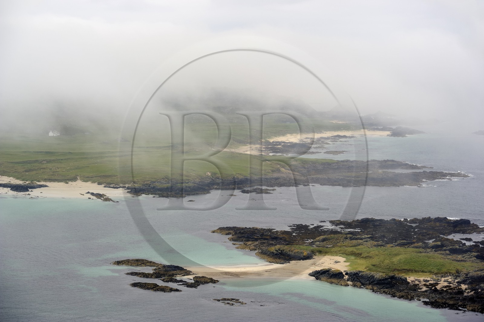United Kingdom, Scotland, Highland, Inner Hebrides, Isle of Iona facing the Isle of Mull, white sand beaches on the North Coast (aerial view)