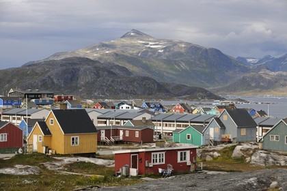 Greenland, town of Nanortalik surrounded by mountains in the Southern area