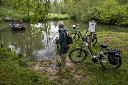 France, Vendée (85), Vouvant, labellisé Les Plus Beaux Villages de France, le bac à chaînes Les Iles sur la rivière La Mère qui entoure le village