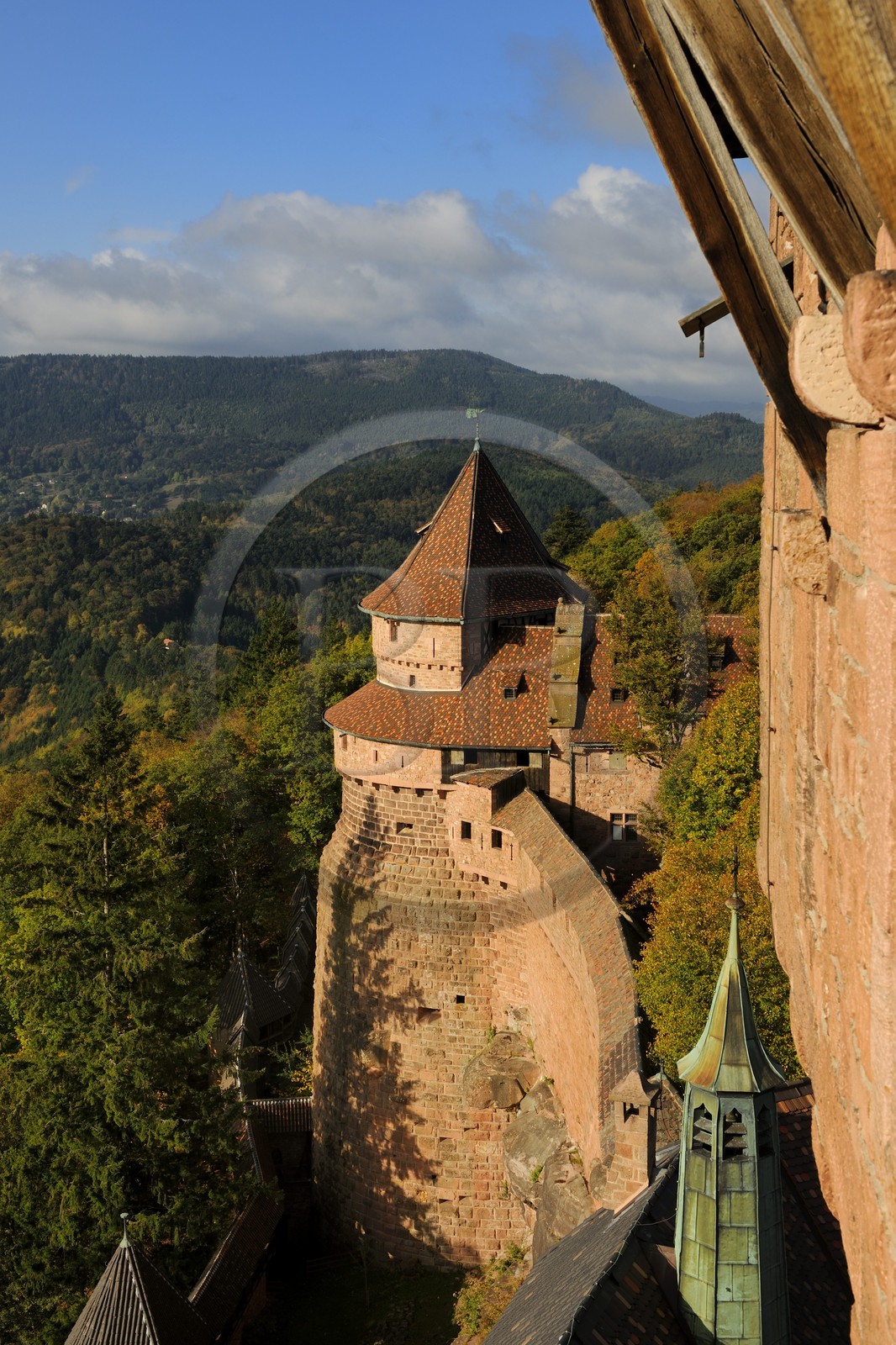 France, Bas-Rhin (67), le château du Haut-Koenigsbourg, le Grand Bastion surplombant la forêt alentours