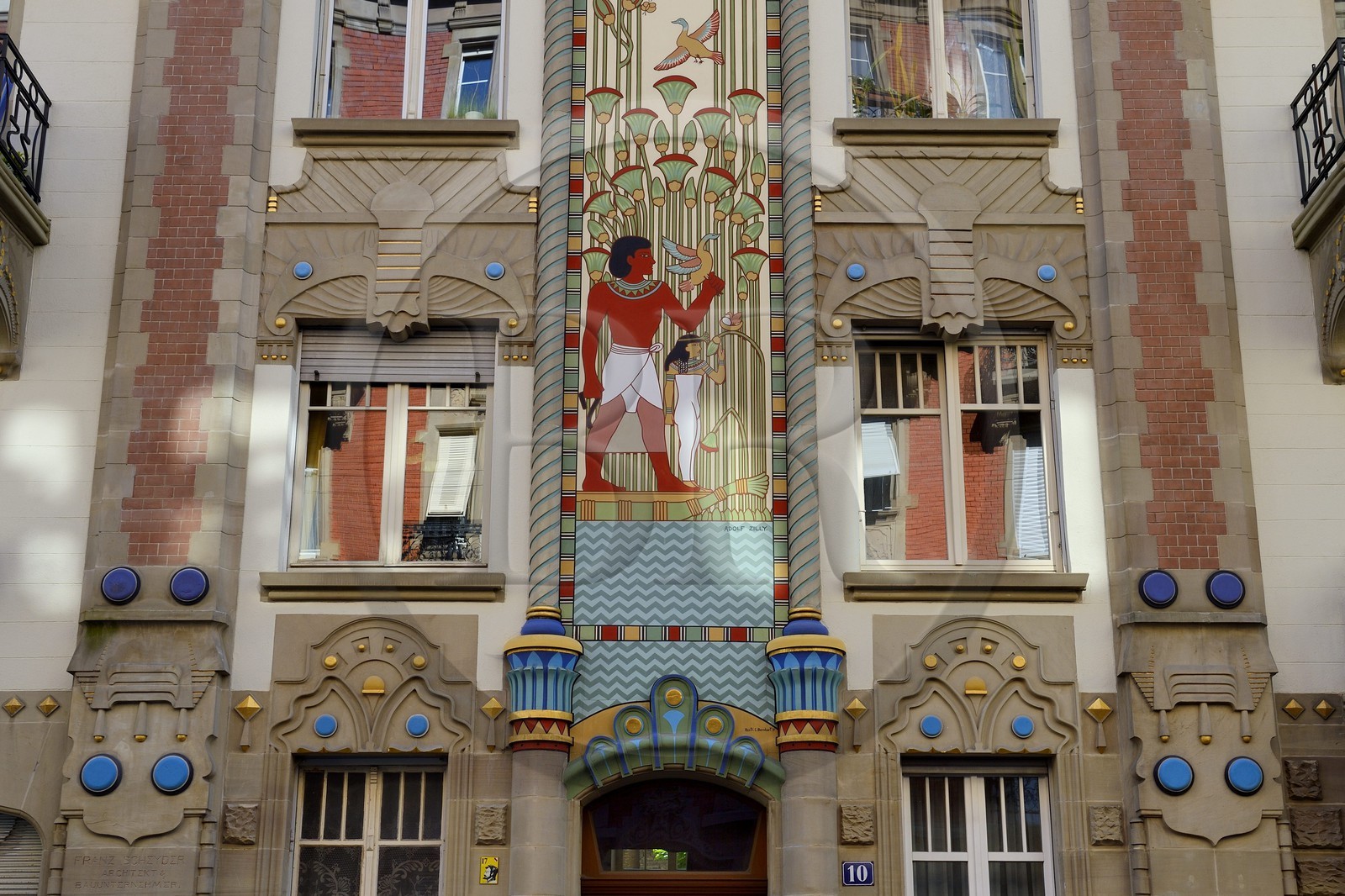 France, Bas Rhin, Strasbourg, Neustadt district dating from the german period, Art Nouveau and Orientalist building known as Egyptian House at 10 rue du General Rapp by architect Scheyder and polychrome fresco with Egyptian figures and plant motifs by the artist Zilly (1905-1906)