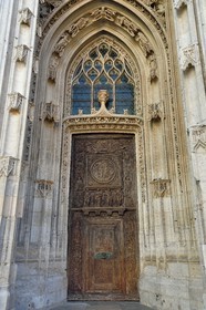 France, Seine Maritime, Rouen,  Gothic Church of St Maclou (15th century), detail of the Renaissance carved wooden door of the left portal