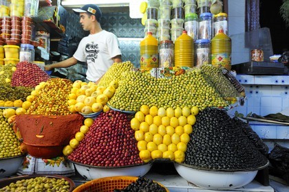 Morocco, Meknes Tafilalet Region, Meknes, Imperial City, medina listed as World Heritage by UNESCO, El Hedime covered market, olives stalls