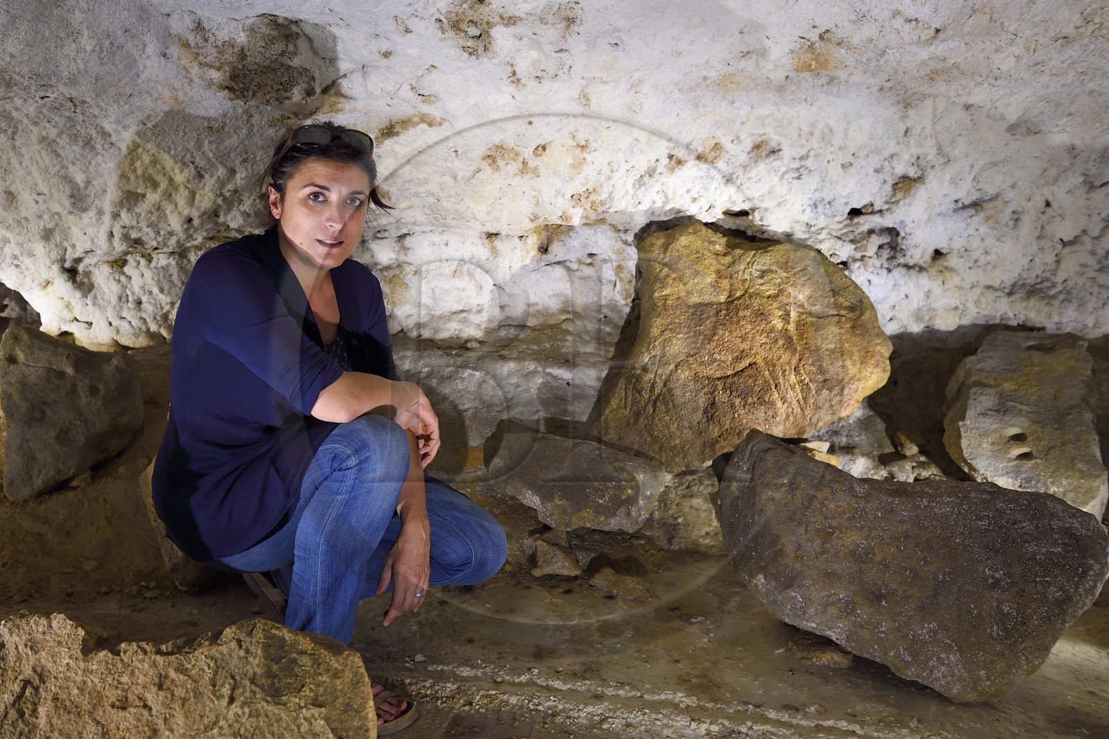 France, Dordogne, Vezere Valley, Sergeac, Prehistoric site of Castel Merle, the owner Isabelle Castanet in the  Reverdit shelter