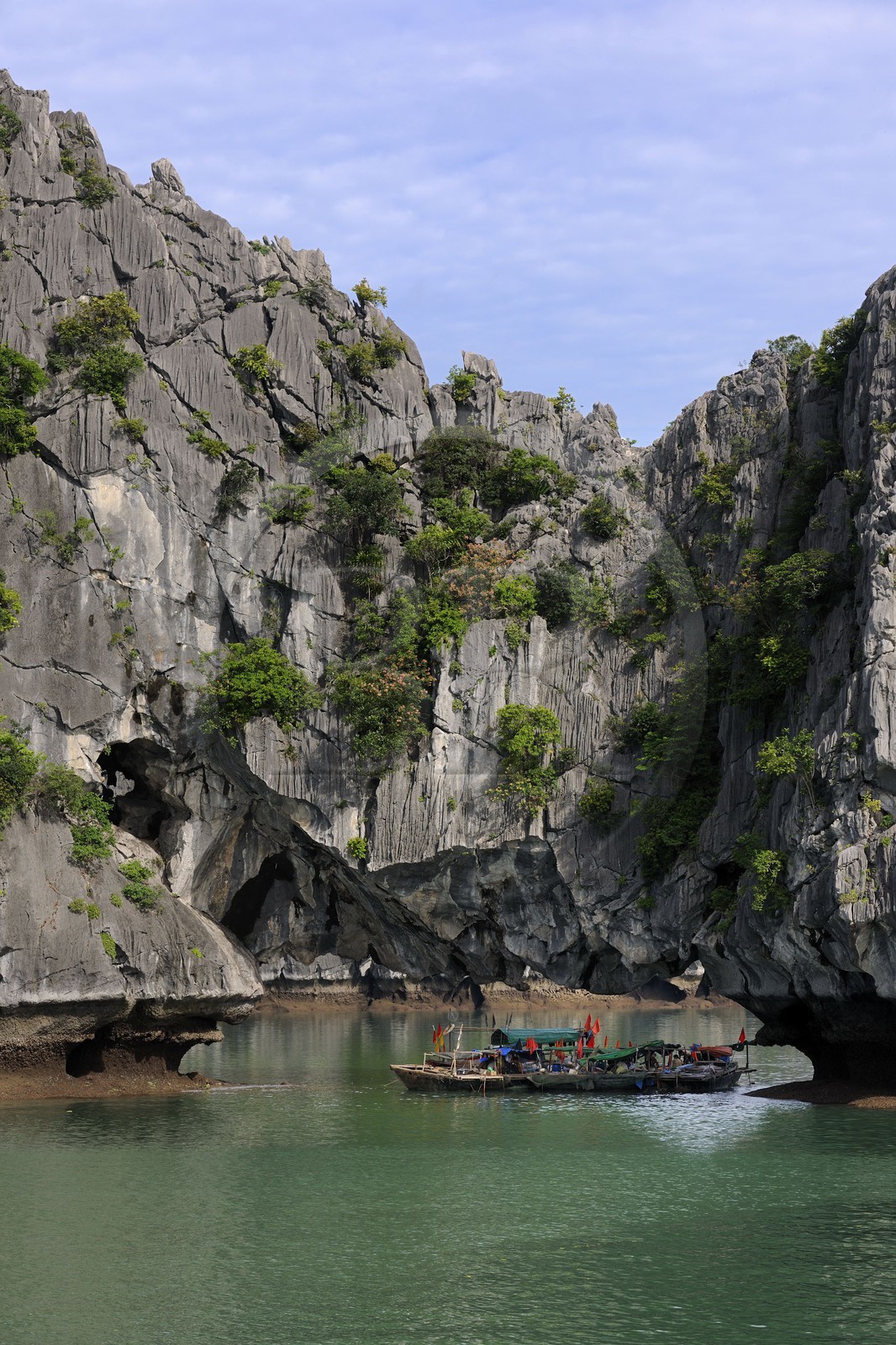 Vietnam, Quang Ninh Province, Halong Bay, listed as World Heritage by UNESCO, fishing boats under a naturel  limestone arch