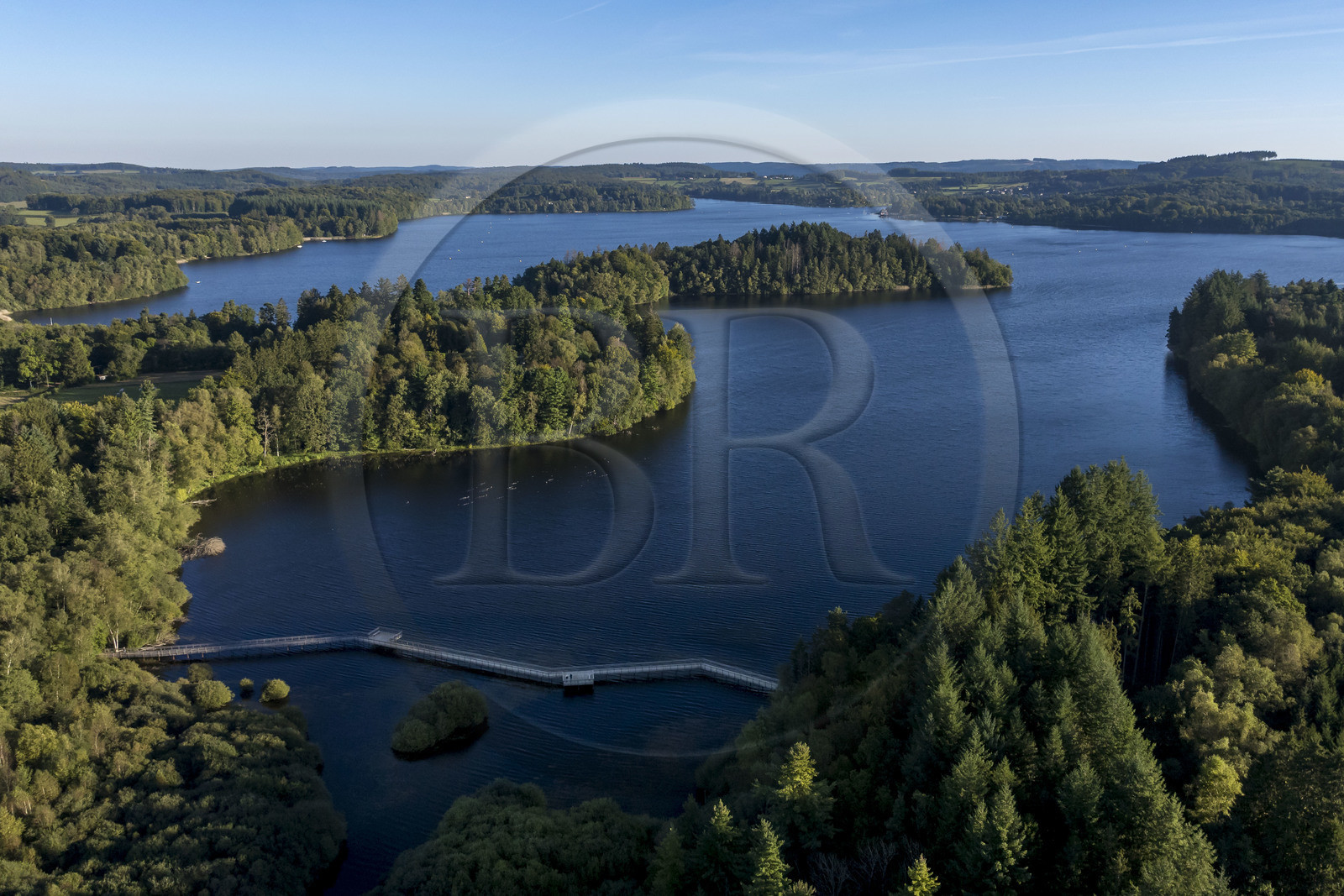 France, Nievre, Regional Natural Park of Morvan, Moux-en-Morvan, lac des Settons (Settons lake), the Chevigny footbridge to the south of the lake at the mouth of the Cure River, has a bird observatory (aerial view)
